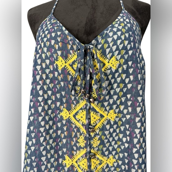 Boho Embroidered Cotton Tank Top Blue Yellow Geometric Print TR Designs size P - Picture 3 of 10